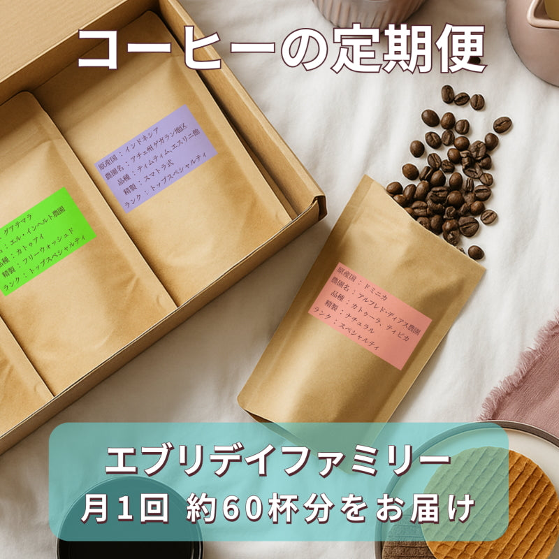 【コーヒー豆の定期便 エブリデイファミリー】 3種類のシングルオリジンコーヒー(約60杯分)を毎月お届け